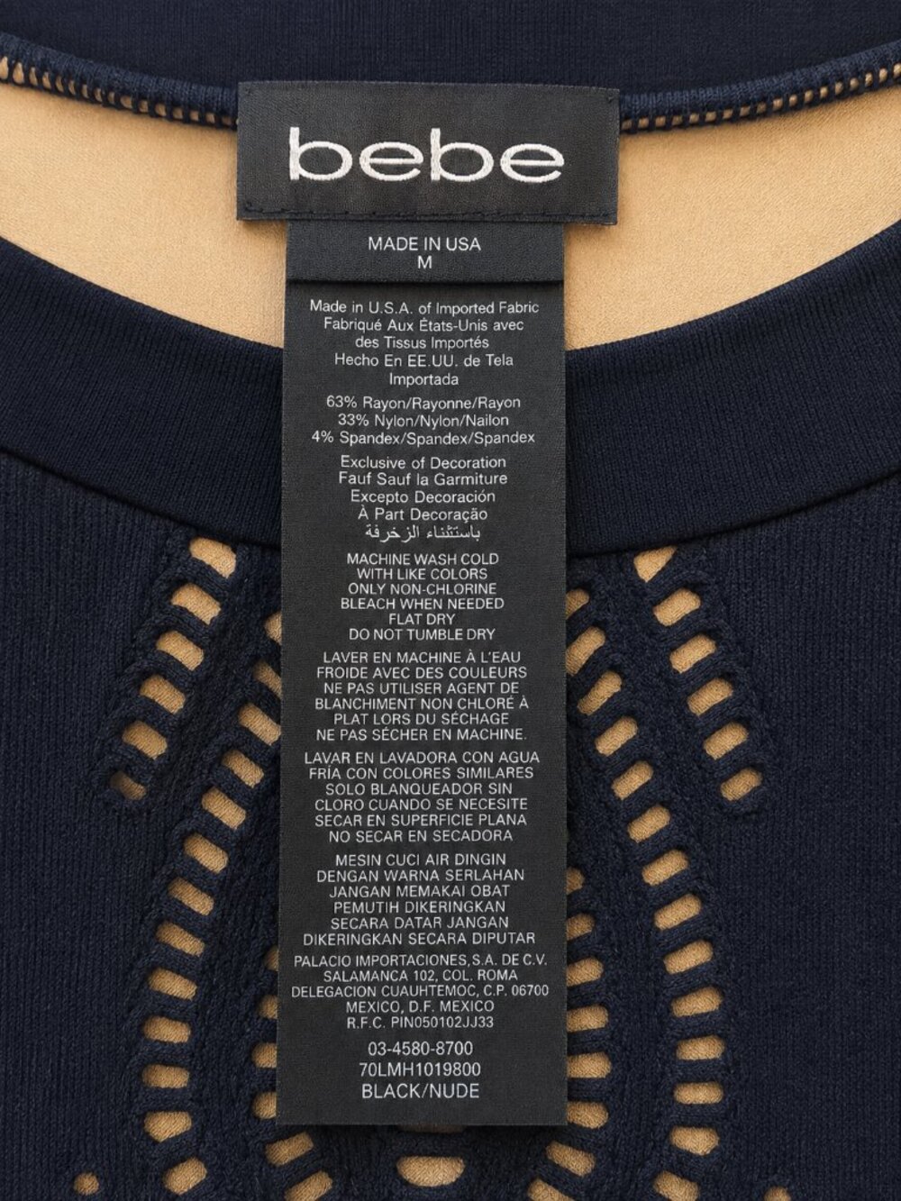 Bebe Black Open Knit Crochet Bodycon Dress M Nude Lined Y2K Sexy Knee Length - Picture 12 of 12